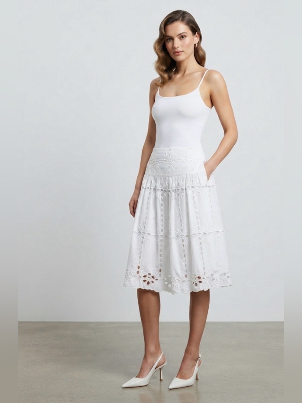 INC White Eyelet Midi Skirt, Size 10, Bohemian Summer Cotton Skirt